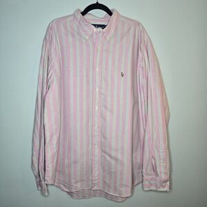 Ralph Lauren Button Down Shirt Classic Fit Pink Striped Mens 18 36/37 Skin Pony
